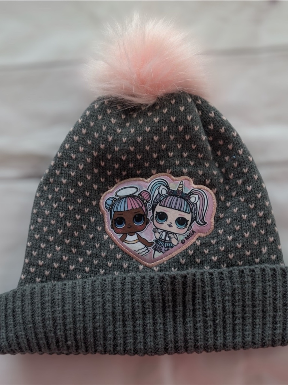 L.O.L. lol Surprise Girls Winter Hat Beanie Gray Pink Hearts Pom Pom One-size
